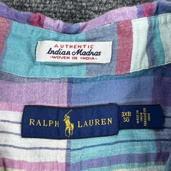 Ralph Lauren Shirt Mens Big 3X Blue Indian Madras Plaid Short Sleeve Cotton - Picture 3 of 15